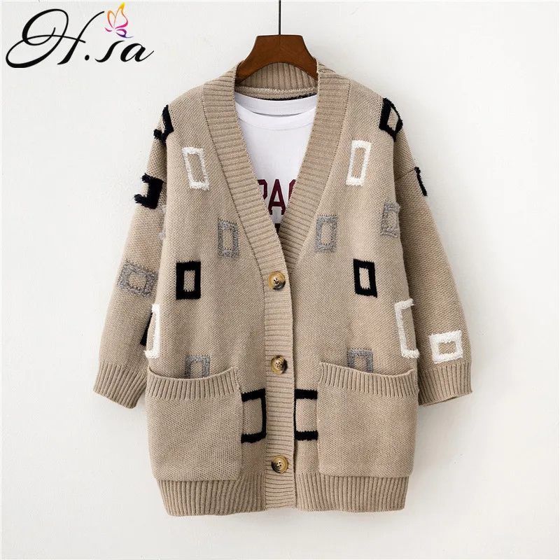 

HSA ropa mujer verano 2018 V neck Single Breasted Women Oversize Knit Coat Big Pocket Sweater Cardigans Winter Outerwear Tops