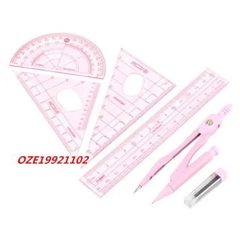 

1 PCS Compass Set Square Triangle Straight Centimeter Ruler Protractor Pink 6 in 1