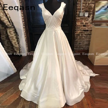 

Real Photo Wedding Dresses 2020 V Neck Sleeveless A Line Backless White Satin Bridal Bride Dress vestido de noiva