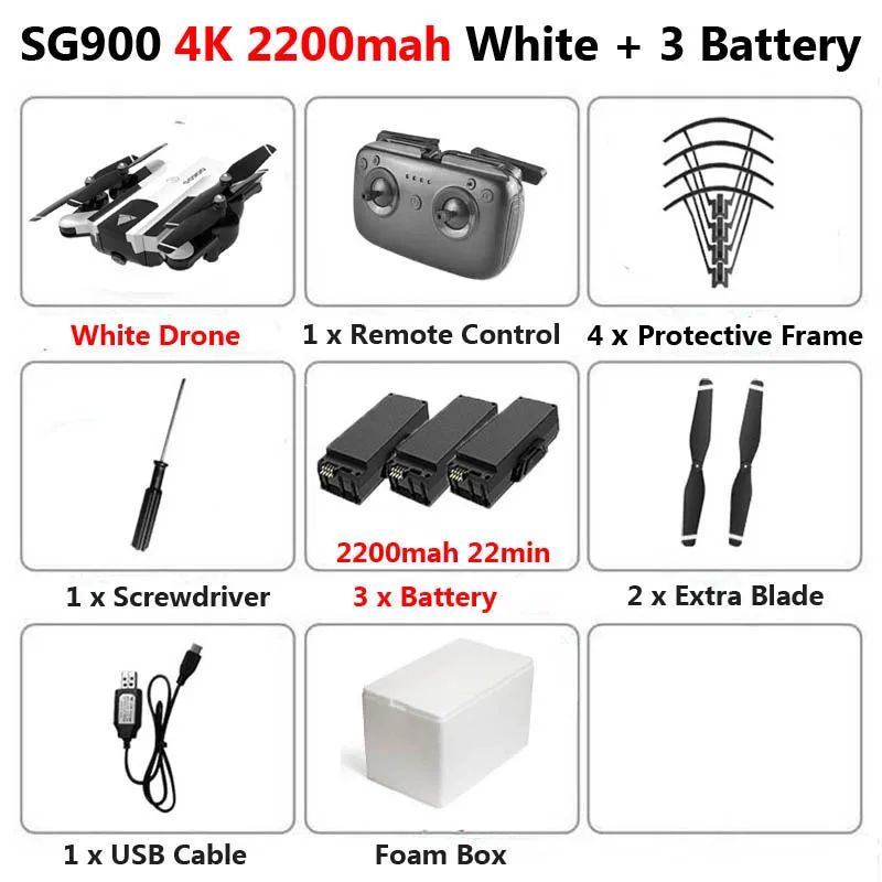 SG900 Профессиональный WiFi FPV Дрон 720P 4K HD Двойная камера оптическая воздушная видео RC Квадрокоптер самолет Квадрокоптер игрушки X192 - Цвет: 4K 2200 White 3 Foam
