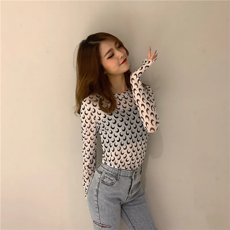 

Sexy mesh transparent tunic summer women t shirt beach style long sleeve top 2019 vogue moon print slim korean harajuku clothes