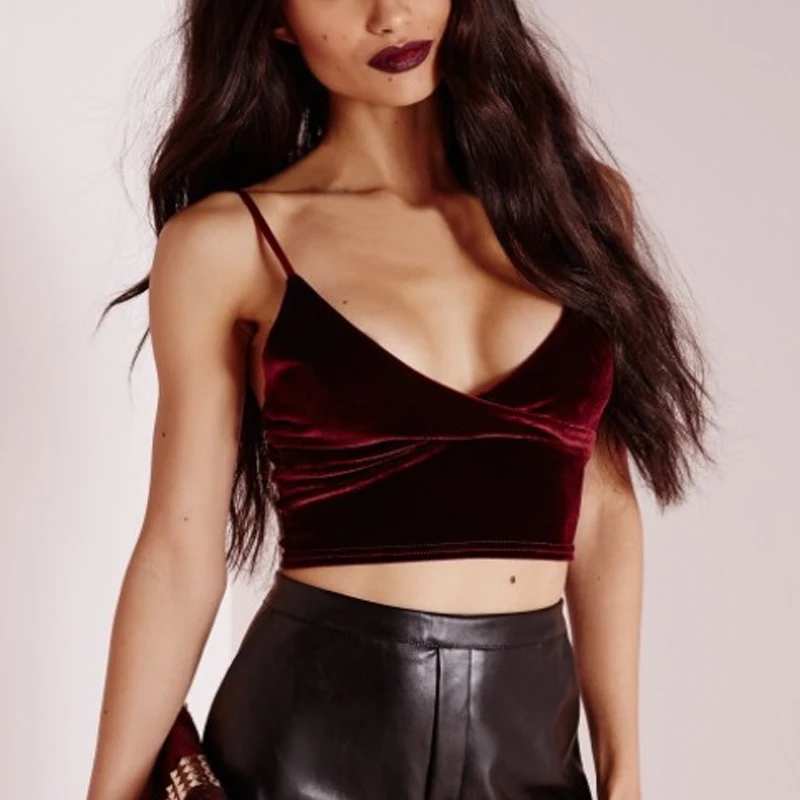 Глубокий v-образный вырез ремень затянуть Midriff Camisole женский сексуальный короткий держатель топы Модные красные бархатные Топы вечерние Одежда для ночного клуба