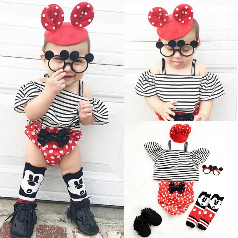 

2017 New Fashion Baby Girl Clothes Summer Off shoulder Striped Crop Top +Polka Dot Bow Bloomers Bottom 2PCS Outfit Clothing Set