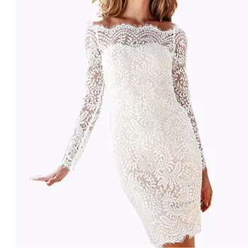 

ETOSELL Lace Slash Neck Long Sleeves Vestido Sheath White Dresses Summer Casual Mini Dress Female For Women YM