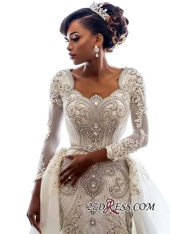 Роскошная африканская Русалка с длинными рукавами свадебное украшение из хрустальных бусин платья белое свадебное платье подвенечные Свадебные платья Robe de Mariee