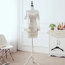 Champagner Mantel Spalte Open Back Kristall Perlen Short Mini Länge Cocktail Party Kleid Mit Langarm Vestido Curto