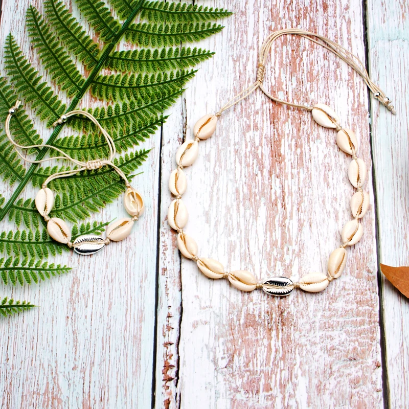 

MOON GIRL Natural Puka SeaShell Bracelet Choker Necklace Set Boho Summer Harajuku Cowrie Party Wedding Jewelry Set Dropshipping