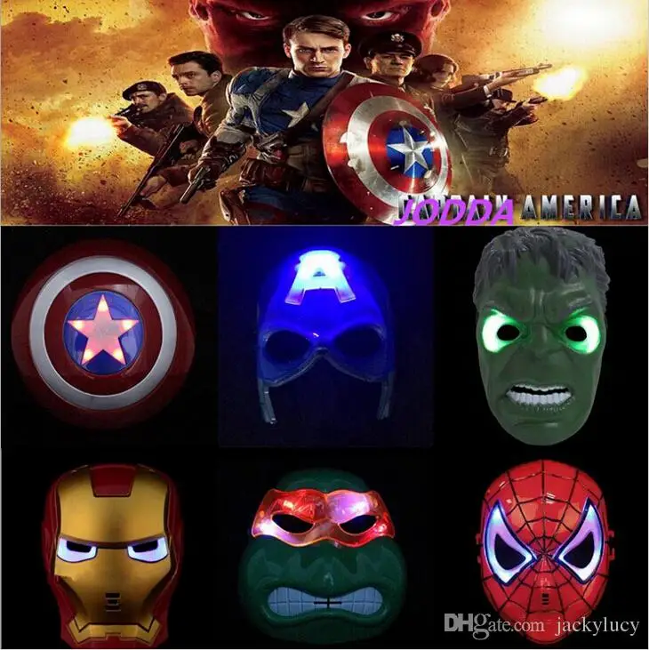 Superhero LED Flash Party Mask Hulk Ironman Spiderman TMNT Captain Americ COS Heros Avengers Cartoon Film for Kids Men Women Xmas Gift