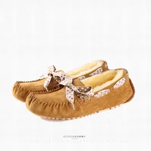 Новинка; Брендовая женская обувь на плоской подошве с бантом; женская зимняя обувь на плоской подошве; подкладка из натуральной кожи; овечий мех; нескользящая теплая плюшевая обувь