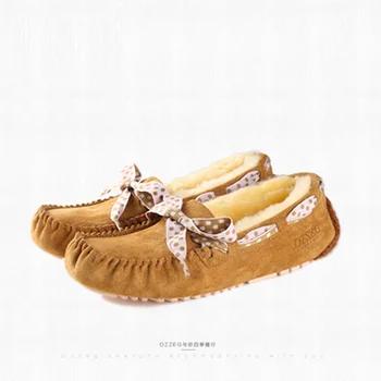 

New Brand Women Flats With Bowtie,Women Winter Flats SHoes,Upper Genuine Leather Lining Sheepskin Fur, Non-slip Plush Warm