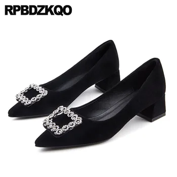 

party size 4 34 high heels pumps chunky suede rhinestone women medium plus black low crystal bridal shoes diamond pointed toe