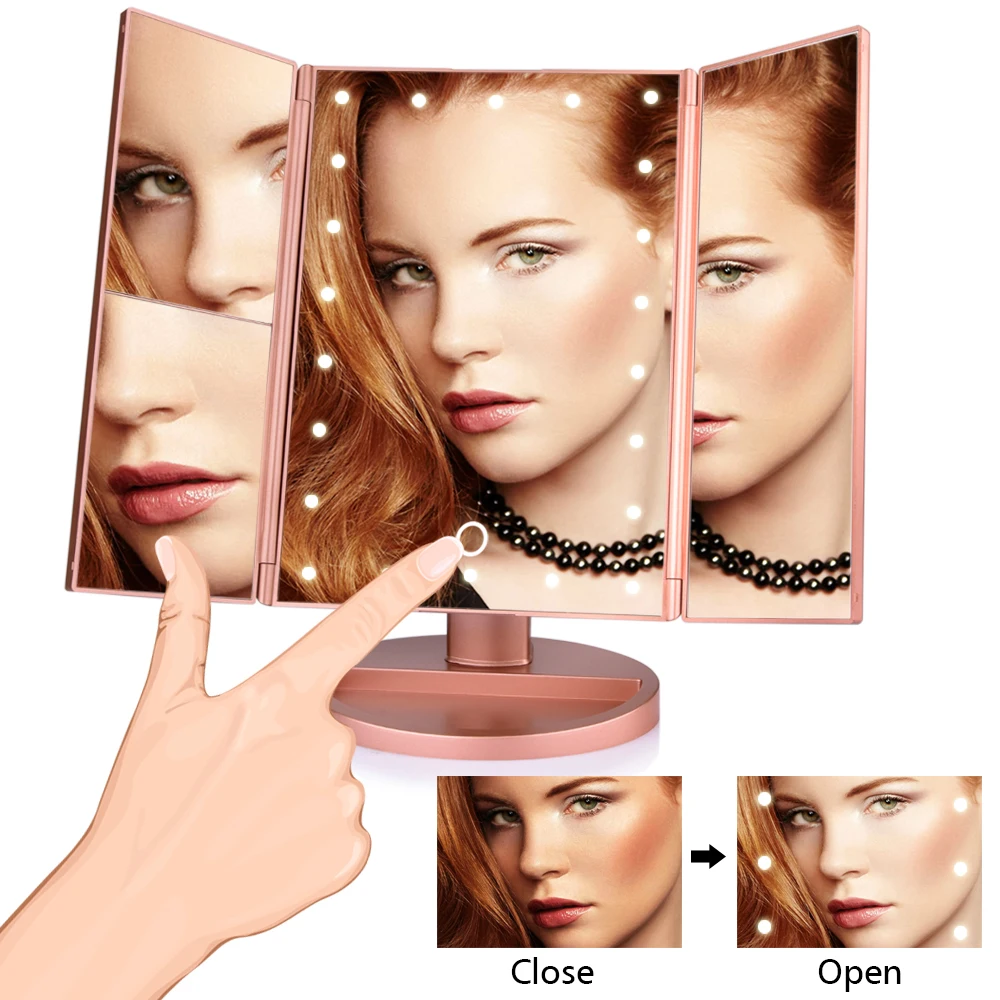 Tri-Fold Makeup Mirror 2x 3x 10x Magnification Mirrors 22LED Lights Touch Screen Travel Cosmetic Mirror Tabletop Makeup Mirror (10)