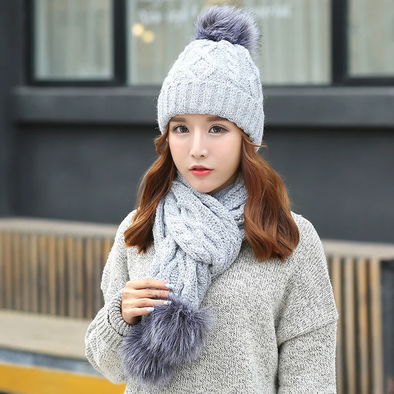 Winter Korean version of super hair cap thickened warm hat knitted hat fashion scarf two sets of