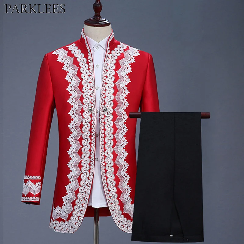 

2 Piece Suit (Jacket+Pants) 2019 Fashion Men Suit Slim Fit Tailcoat Groom Wedding Prom Dress Suits Men Embroidered Stage Costume