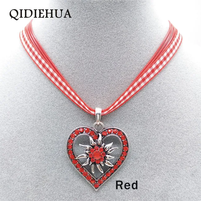 

QIDIEHUA Antique Silver Love Heart Necklace Pendant Charm Ribbon Choker Necklace Women Crystal Edelweiss Necklace Gift Wholesale