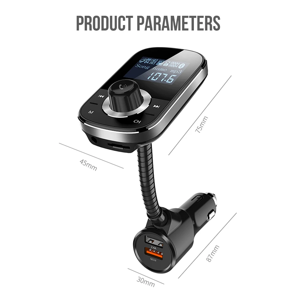 QC 3.0 FM Transmitter Stereo Music Bluetooth Car Kit MP3 Portable TF Card 12V-24V Dual USB