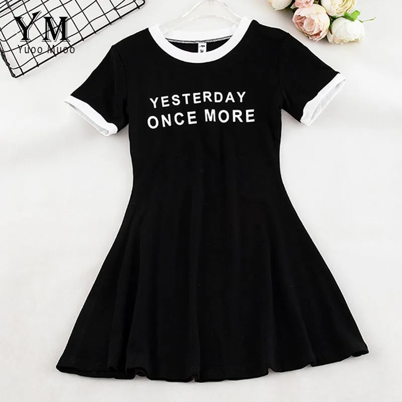 YuooMuoo, шикарное летнее женское платье с буквенным принтом,, короткое ТРАПЕЦИЕВИДНОЕ платье-рубашка для девочек, повседневное женское корейское платье, Vestidos - Color: Black