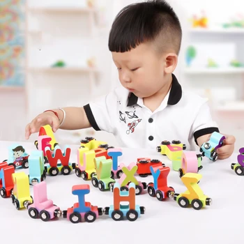 

MWZ Wooden Letter Small Train Magnetic Toys Digital Slide Puzzle Toy For Children Educational Christmas Gifts Jigsaw Color Cars