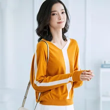 Женский вязаный свитер с длинным рукавом и v-образным вырезом, сплошной цвет, подходит ко всему, женское Повседневное платье, Женский офисный Топ