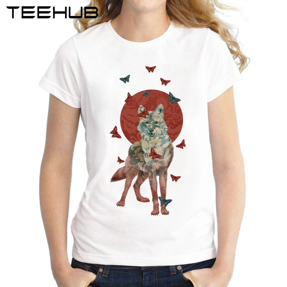 

2018 Summer Lady Butterfly Women T-Shirt New Fashion Wolf Printed Lady Tops Short Sleeve Novelty Tee Shirts