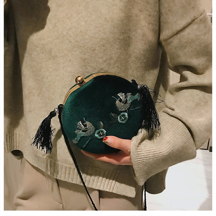 Вышивка в этническом стиле птица цветок вельветовые вечерние сумки-клатчи кисточкой сумка через плечо Сумочка через плечо мини-кошелек клапаном сумки