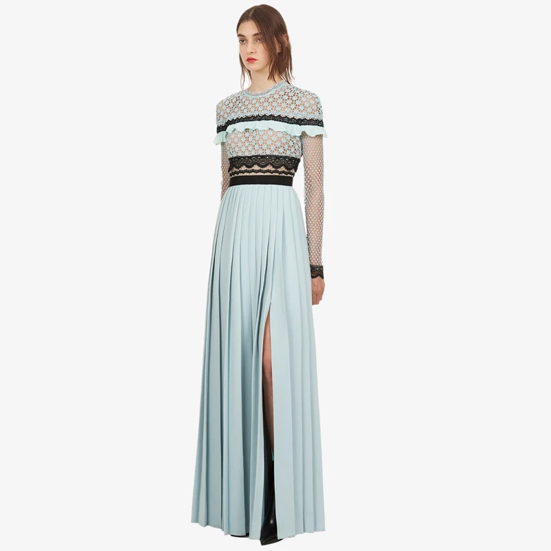 

2019 Runway Self-Portrait summer Pleated Long Dress Women Chiffon Patchwork Hollow Out Crochet Split Party Dresses Vestido robe