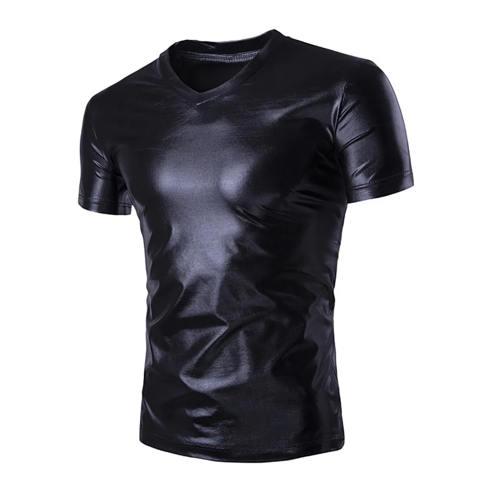 M-4XL, Мужская футболка, черные эластичные топы, искусственная кожа, тонкая мужская футболка, короткий рукав, футболка, топы для фитнеса, футболки, мужская одежда