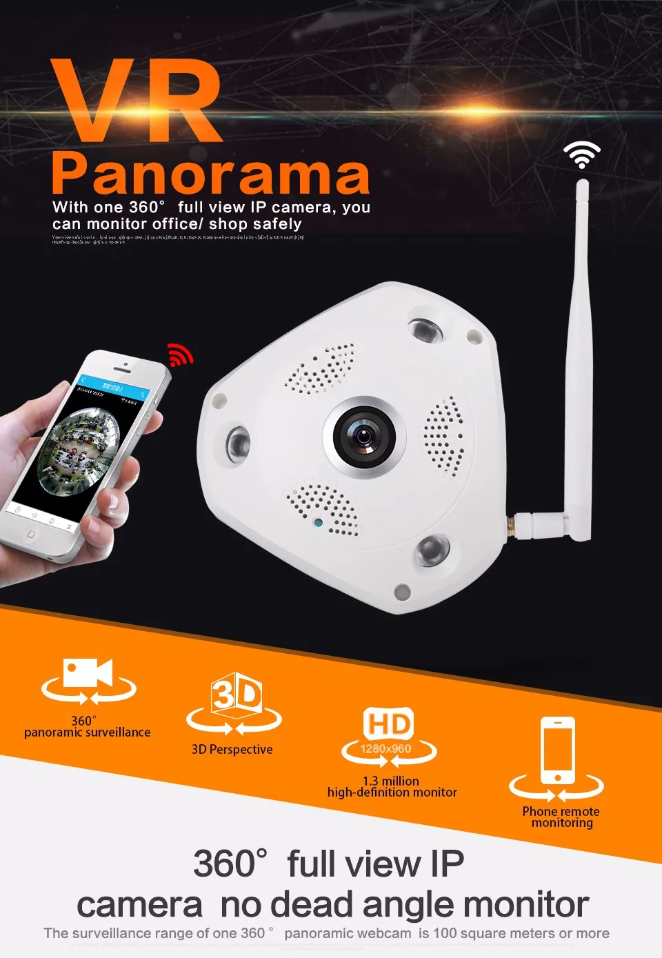 vr panorama kamera 360 derece tavan tipi wifi ip kamera