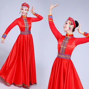 

Red Chinese National Clothes Adult Women Stage Performance Clothing Classic Mongolia Dance Dress Big Size Girl Cosplay Costume