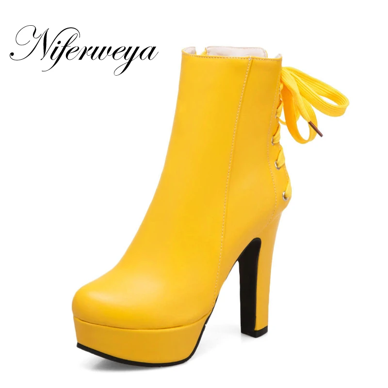 

New fashion winter women shoes big size 34-50 yellow Cross-tied Platform high heels Round Toe zipper Ankle boots zapatos mujer