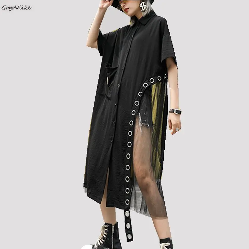 

Summer Short Sleeve Tulle Spliced Women Dress 2019 Black loose Shirt Dresses Metal Ring Hollow Out Korean Vestidos SA022S50
