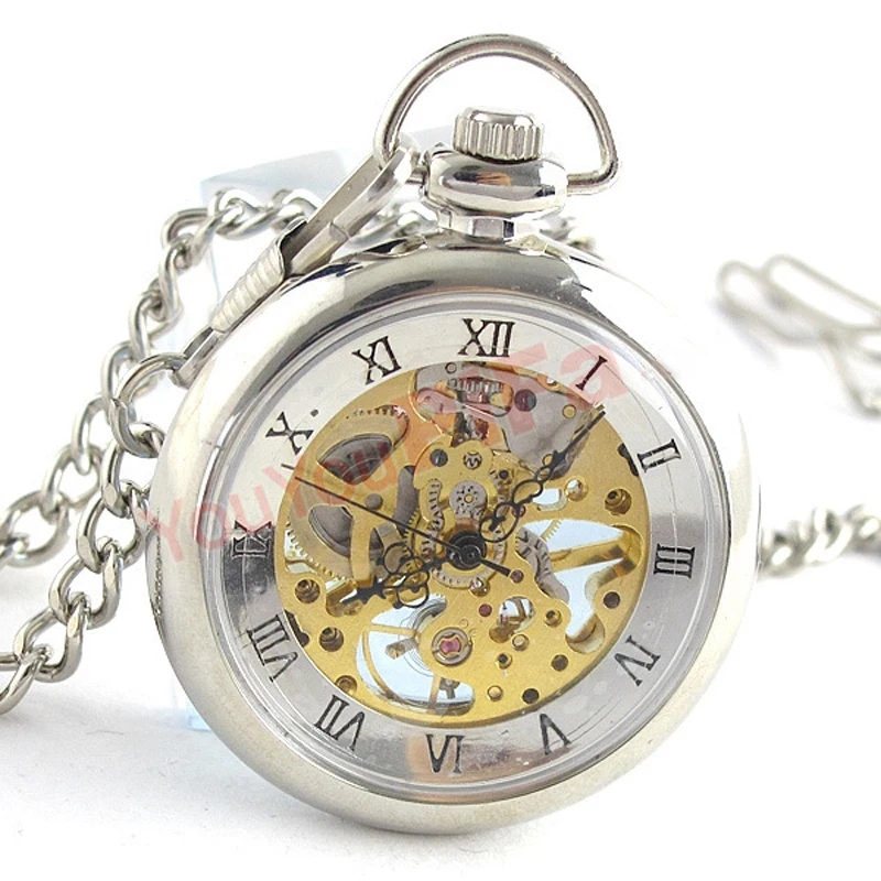 Silver Hand Wind Mechanical Pocket FOB Watches with Box Steampunk Roman Numerals Pocket Watches with Chain Groom Gift Silver Hand Wind Mechanical Pocket FOB Watches with Box Steampunk Roman Numerals Pocket Watches with Chain Groom Gift