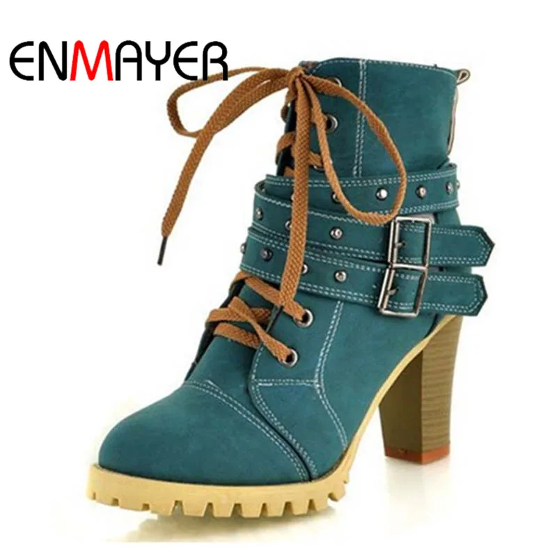 Online ENMAYER bolso de las mujeres de la moda estilo de botas de zapatos de tacón alto botas del tobillo de la Plataforma para las mujeres zapatos nuevos Zapatos las mujeres