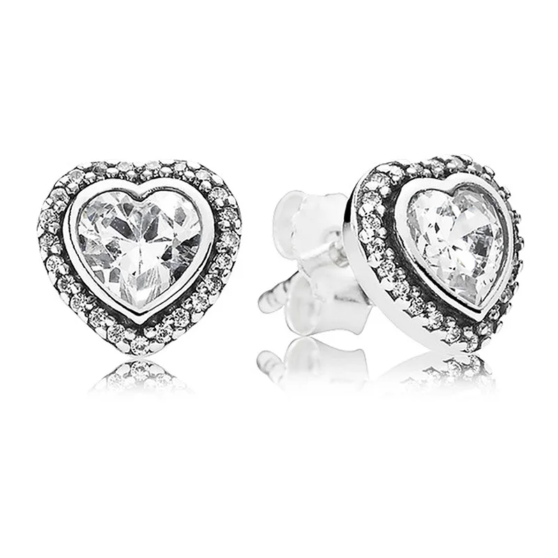 

Authentic 925 Sterling Silver Earring Sparkling Love Heart With Crystal Stud Earrings For Women Wedding Gift Fine Jewelry