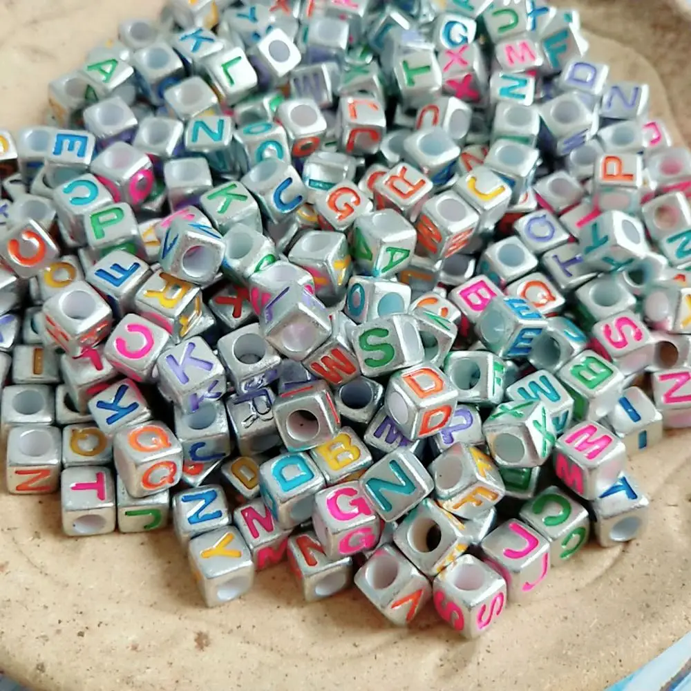 Mini Order Silver Letter Beads 200pcs 7*7MM Big Hole Colorful Alphabet Letters Printing Cube Square Jewelry Spacer | Украшения и