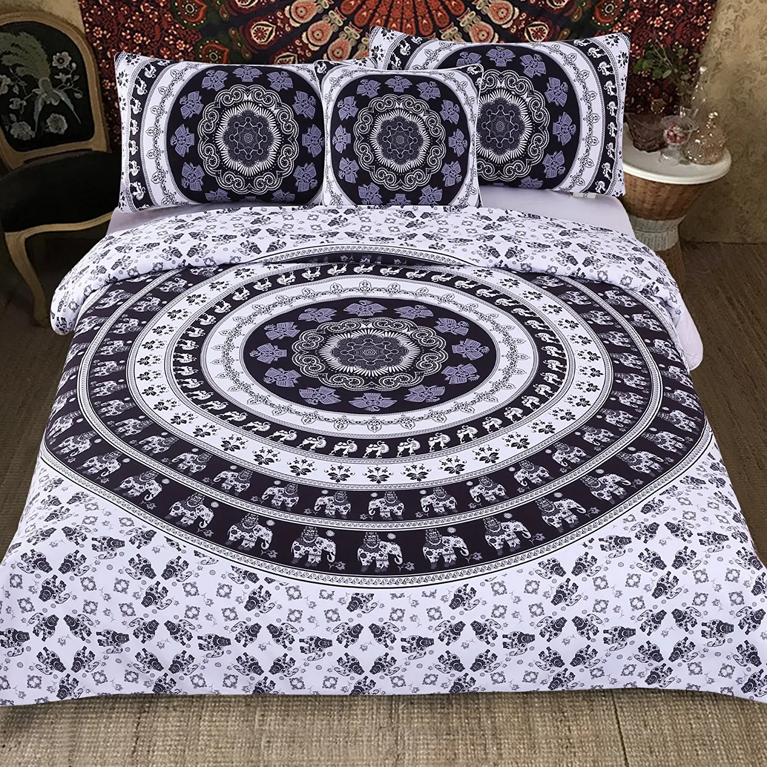 WARM TOUR 4 Pcs DHL Black White Mandala Duvet Cover Pillowcases Elephant Mandala Tapestry