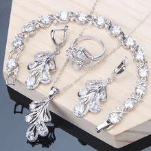 Новинка, Свадебные Ювелирные наборы, серебро 925, ювелирные изделия для женщин, белый кубический цирконий, браслет, кольцо, ожерелье, серьги, набор для свадьбы