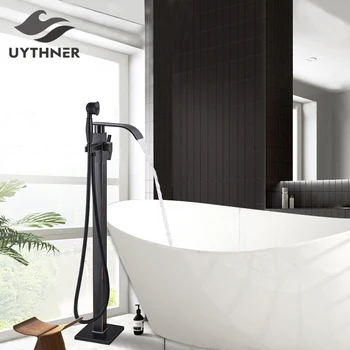 

Contemporary Black Bronze Bathroom Shower Bath Tub Mixer Tap Bathroom Faucet Floor Mounted Tub Tap Single Handle W/Hand Shower