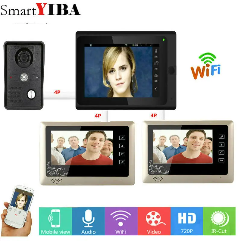 cheap SmartYIBA 7 inch 3 Monitors Wired Wireless Wifi Video Door Phone Doorbell Intercom System with Wired Camera Night Vision