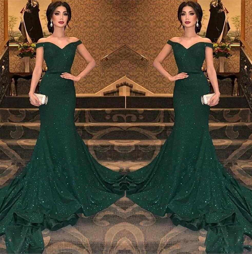 2019 Elegant Arabic Dark Green Sequined Mermaid Evening Dresses Off The ...