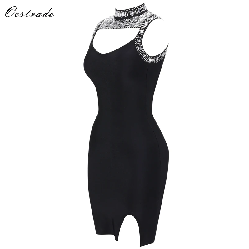 Ocstrade, летнее модное платье, Новое поступление, женское черное платье с высокой горловиной без рукавов, мини-платье с вырезами и бусинами, Бандажное платье H0125-Black
