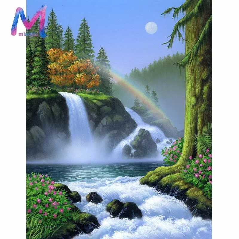 

MIAODU Diamond Embroidery Scenery Picture Rhinestones Cross Stitch Diamond Mosaic Waterfall Full Square Crystal Home Decoration