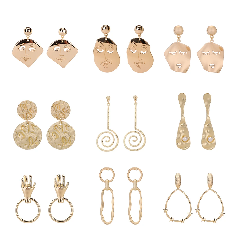 Punk Metal Abstract Face Earring For Women Bijoux Unique Design Gold Color Geometric Hollow Statement Drop Earrings Jewelry