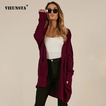 

VIEUNSTA Women Autumn Winter Long Sleeve Sweater Female Warm Knit Sweater Cardigan Casual Solid Loose Open Stitch Coat Pocket