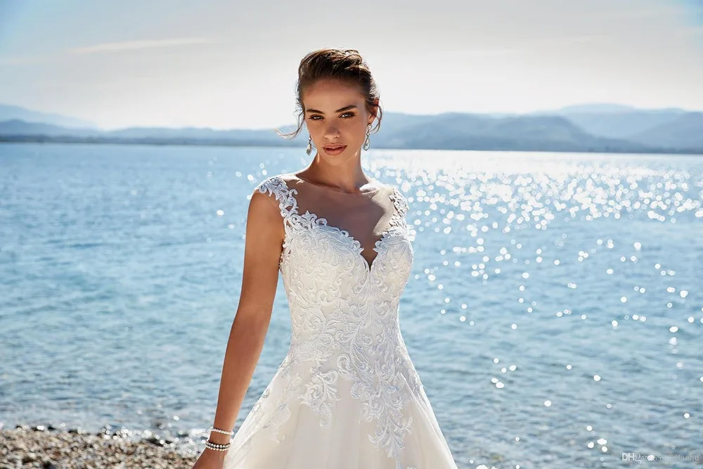Большие размеры, свадебное платье es с кружевной аппликацией, без рукавов, иллюзия, Пляжное свадебное платье, свадебные платья vestidos de novia