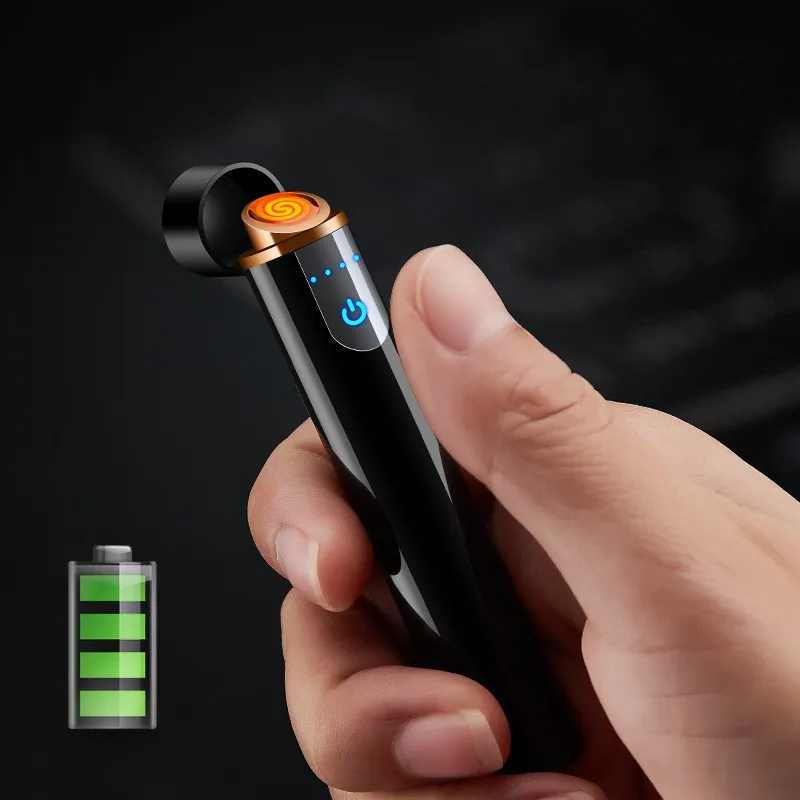 

2019 Thin Cigarette Lighter Metal USB Charging Lighters Rechargeable Electric Lighter Windproof Power Display Gadgets For Men