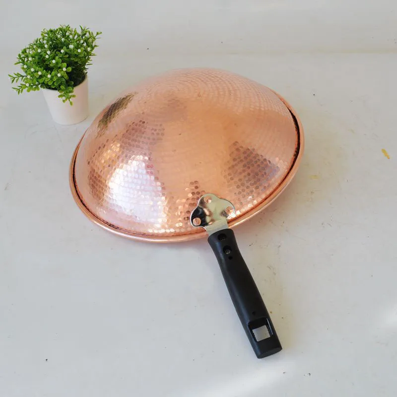 Медная сковорода Wok с деревянной крышкой ручка шпатель Чистая медь ручной работы толстый