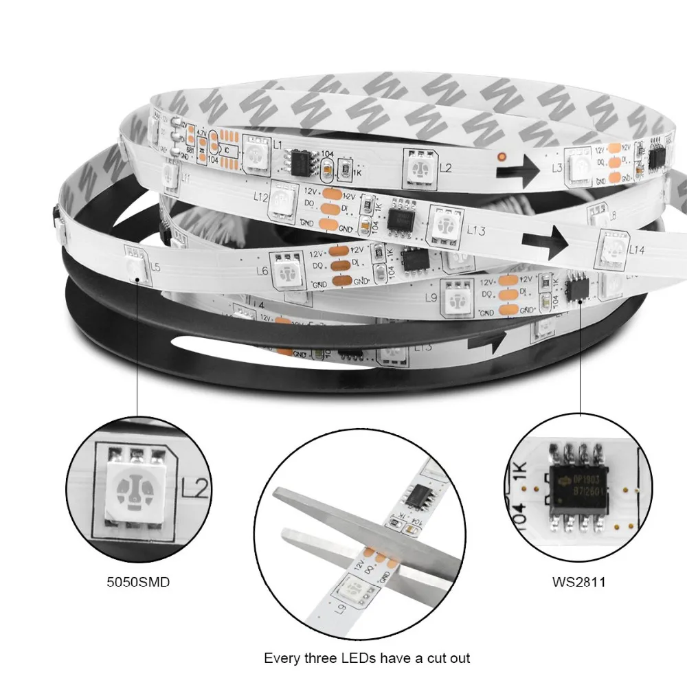 DC 12 В светодиодный SMD 5050 30 светодиодный S/M Ночной светильник полный сон Цвет RGB полоса лампа лента 1-5 м WS2811 IC адресуемый Cuttable светодиодный