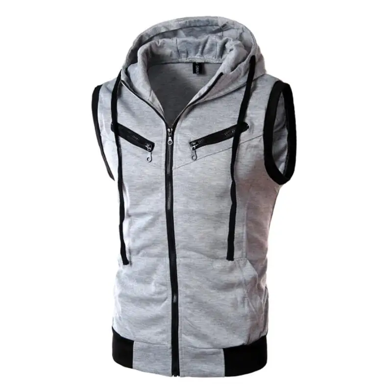 

Solid Color Men Hooded Waistcoat Fashion Brand Male Sleeveless Jacket Zipper Pocket Gilet Casual Cotton Men Vest Plus Size XXXL