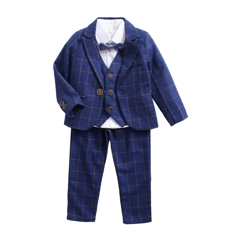 Костюм для мальчиков, комплект одежды из 5 предметов, Детский костюм с блейзером, торжественные вечерние свадебные смокинги в синюю клетку, одежда с цветочным узором для мальчиков